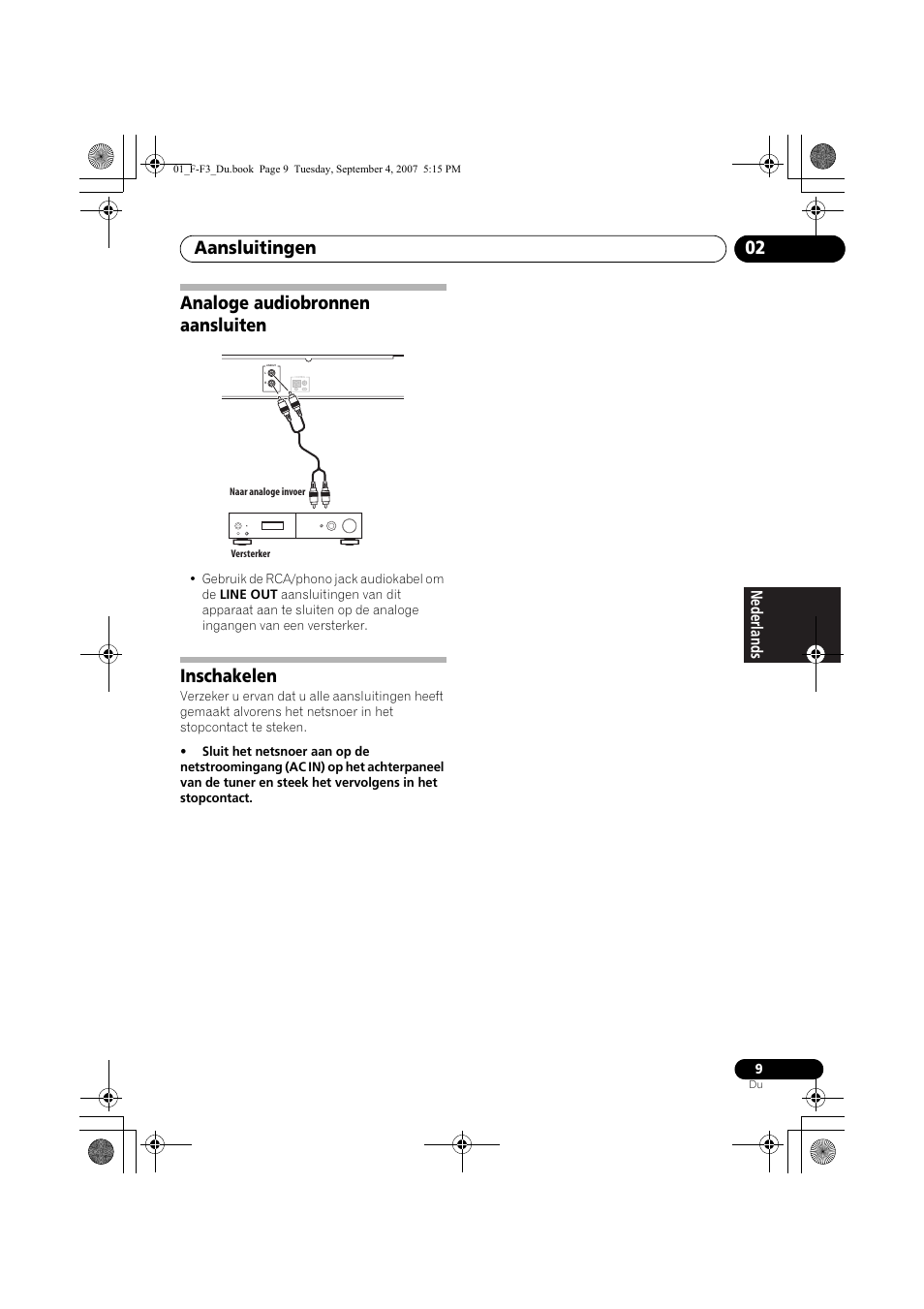 Analoge audiobronnen aansluiten, Inschakelen, Aansluitingen 02 | Pioneer F-F3-J User Manual | Page 75 / 134