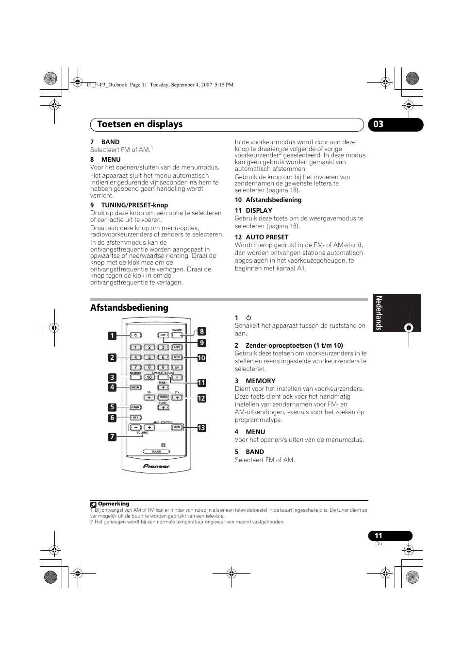 Afstandsbediening, Toetsen en displays 03 | Pioneer F-F3-J User Manual | Page 77 / 134
