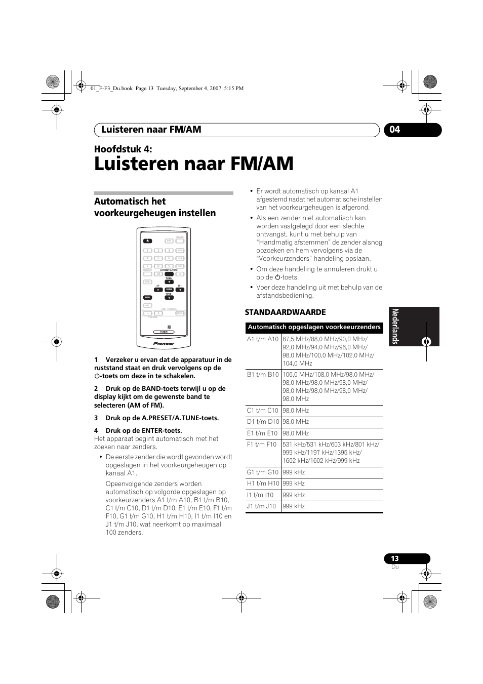 04 luisteren naar fm/am, Automatisch het voorkeurgeheugen instellen, Luisteren naar fm/am | Luisteren naar fm/am 04, Hoofdstuk 4, Standaardwaarde | Pioneer F-F3-J User Manual | Page 79 / 134