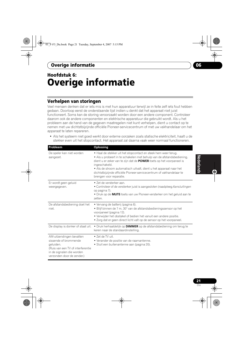 06 overige informatie, Verhelpen van storingen, Overige informatie | Overige informatie 06, Hoofdstuk 6 | Pioneer F-F3-J User Manual | Page 87 / 134