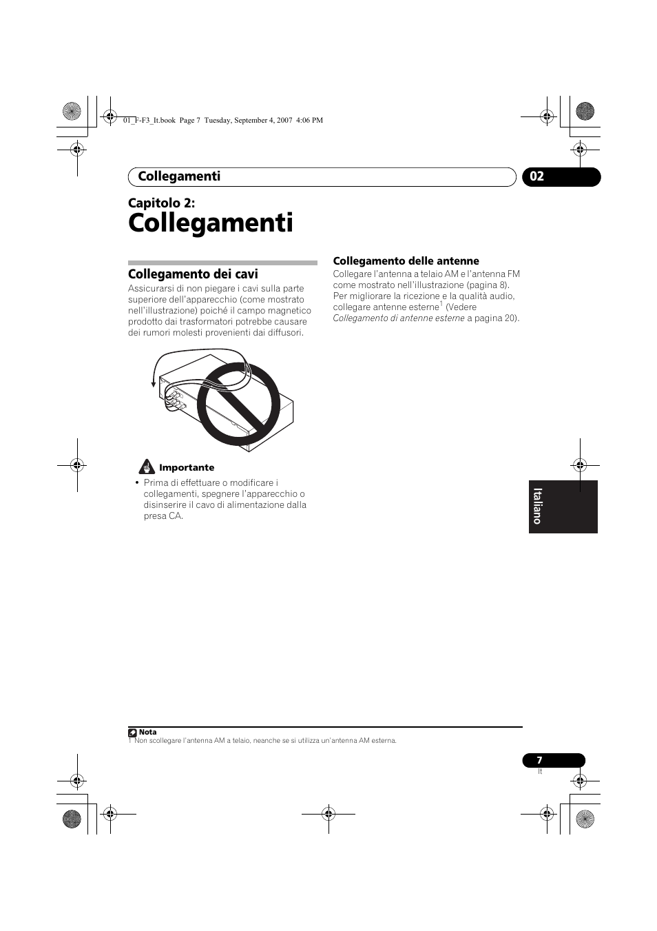 02 collegamenti, Collegamento dei cavi, Collegamenti | Collegamenti 02, Capitolo 2 | Pioneer F-F3-J User Manual | Page 95 / 134
