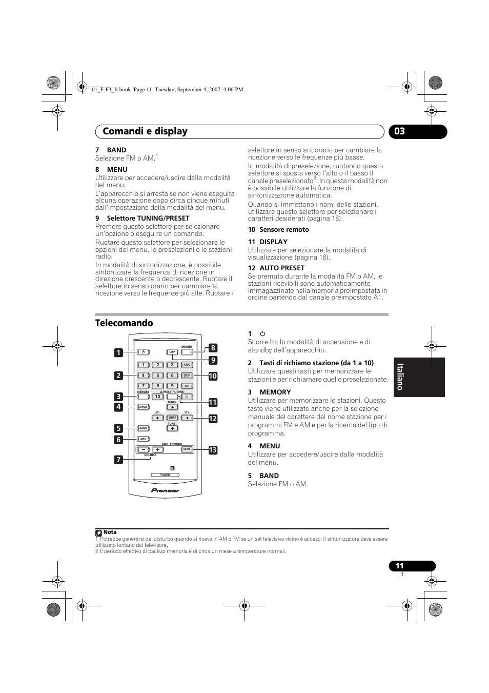 Telecomando, Comandi e display 03 | Pioneer F-F3-J User Manual | Page 99 / 134