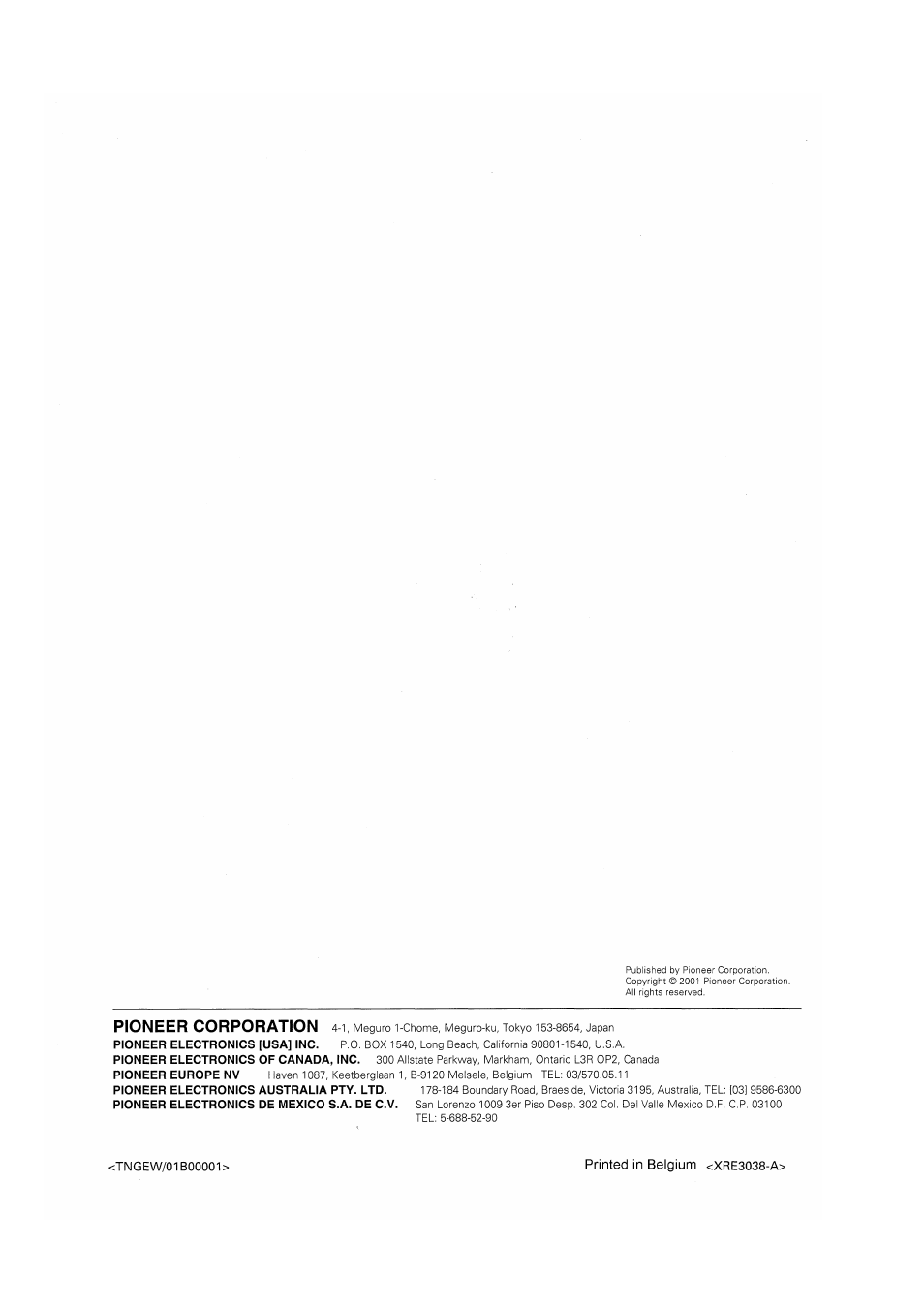 Printed in belgium <xre3038-a, Pioneer corporation | Pioneer VSX-D810S User Manual | Page 100 / 100