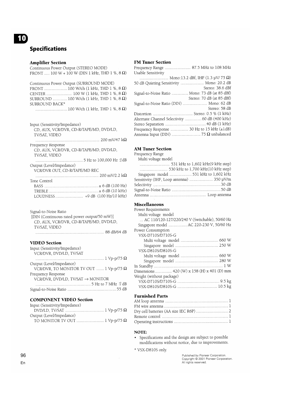 Specifications, Note | Pioneer VSX-D810S User Manual | Page 96 / 100