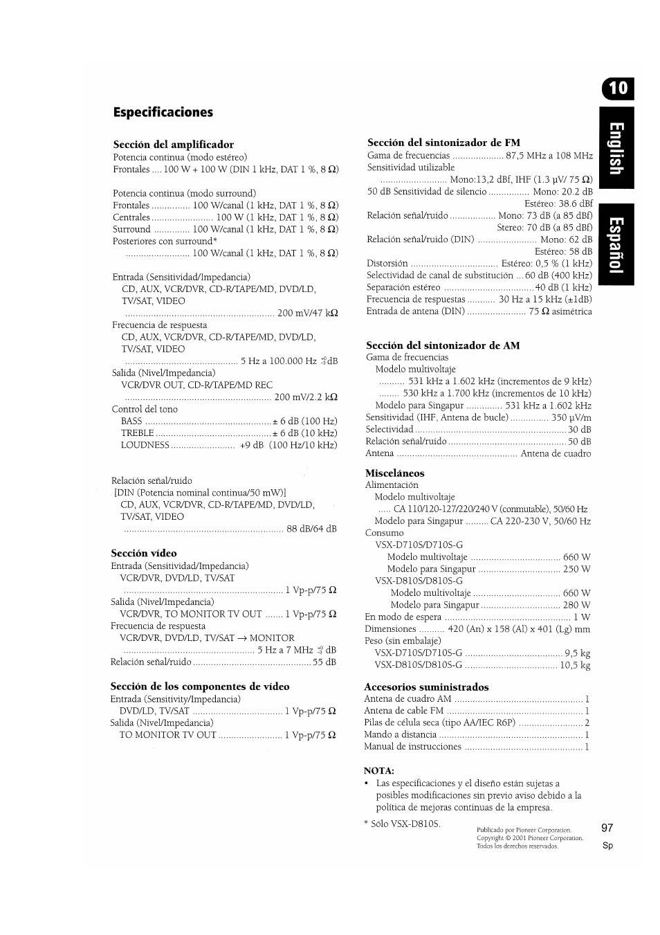 Especificaciones, Nota | Pioneer VSX-D810S User Manual | Page 97 / 100