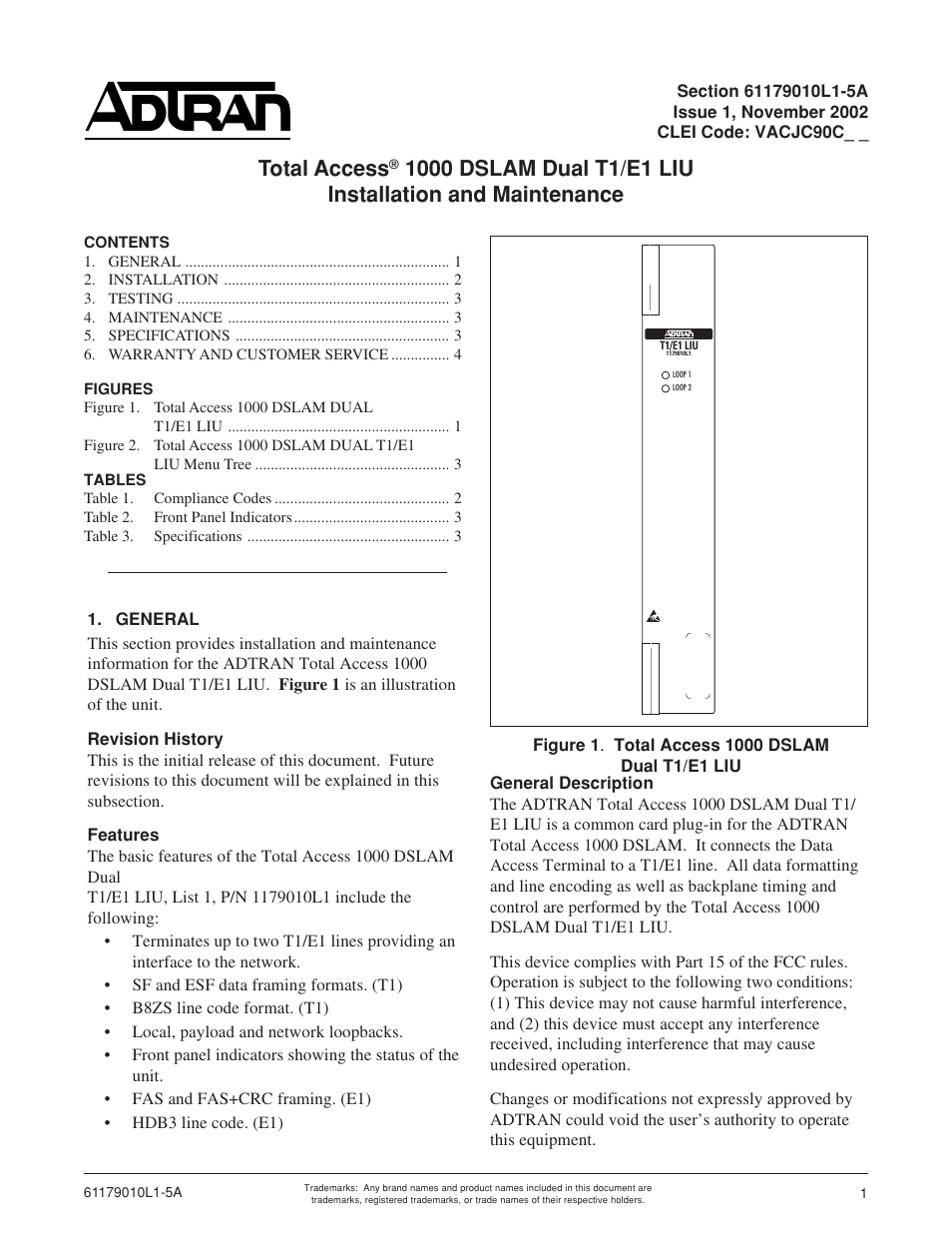 ADTRAN 1000 User Manual | 4 pages