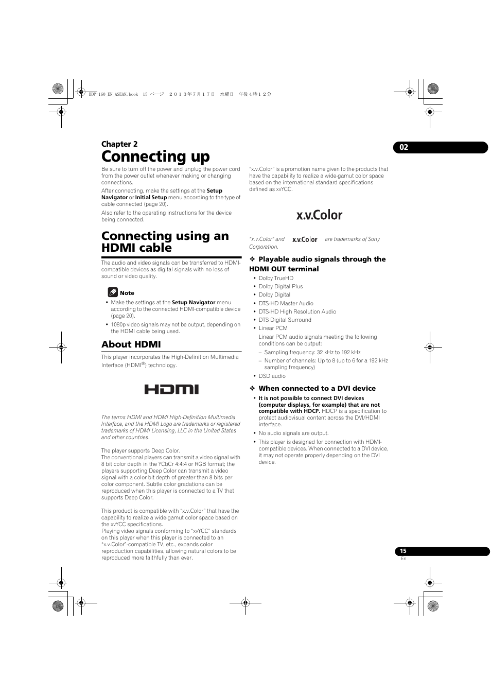 02 connecting up, Connecting using an hdmi cable, About hdmi | Connecting up, 02 chapter 2 | Pioneer BDP-160-K User Manual | Page 15 / 60
