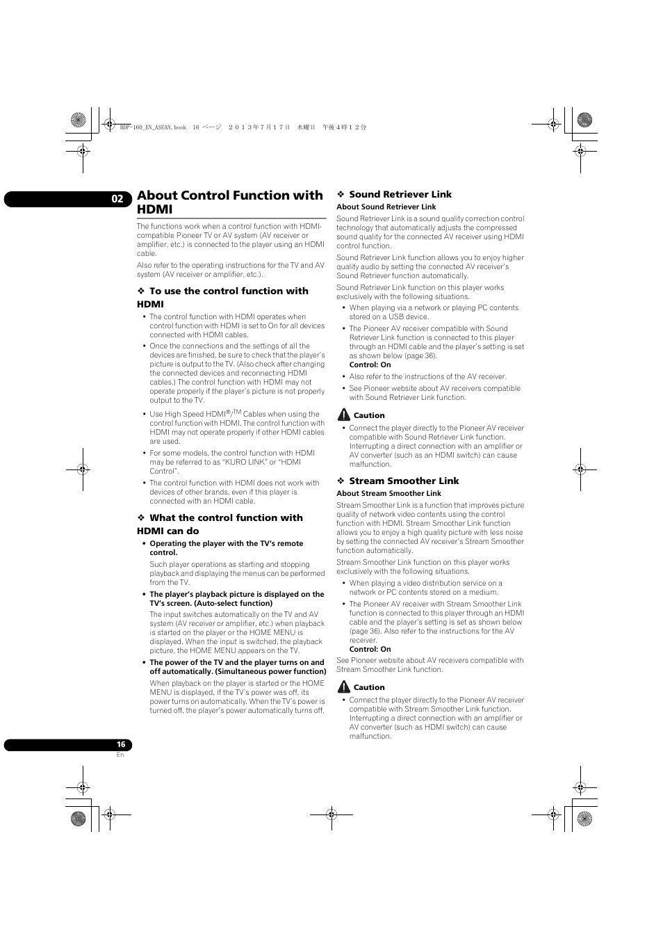 About control function with hdmi | Pioneer BDP-160-K User Manual | Page 16 / 60