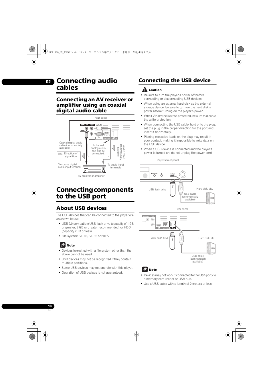 Connecting audio cables, Digital audio cable, Connecting components to the usb port | About usb devices, Connecting the usb device | Pioneer BDP-160-K User Manual | Page 18 / 60