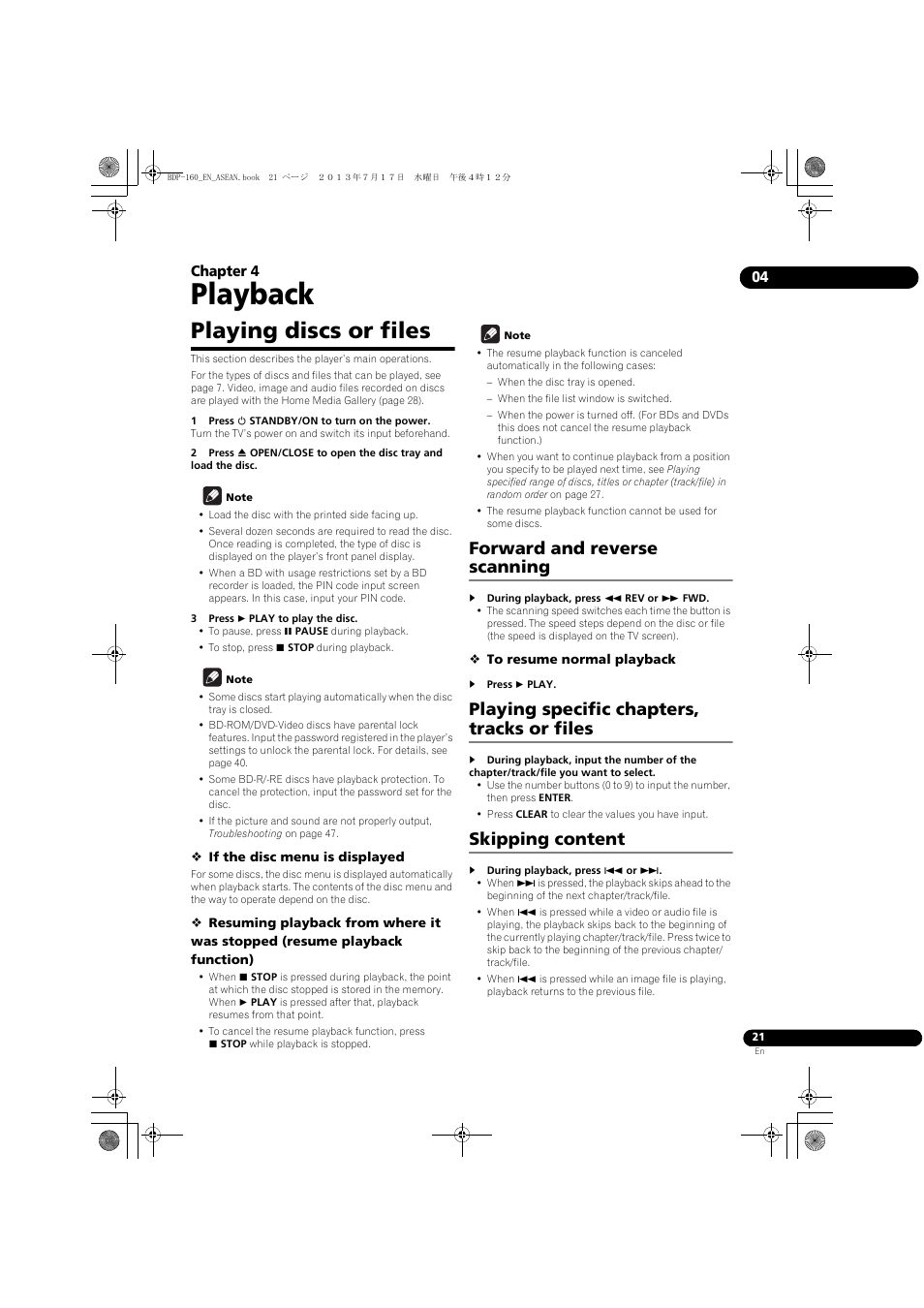 04 playback, Playing discs or files, Forward and reverse scanning | Playing specific chapters, tracks or files, Skipping content, Playback, 04 chapter 4 | Pioneer BDP-160-K User Manual | Page 21 / 60