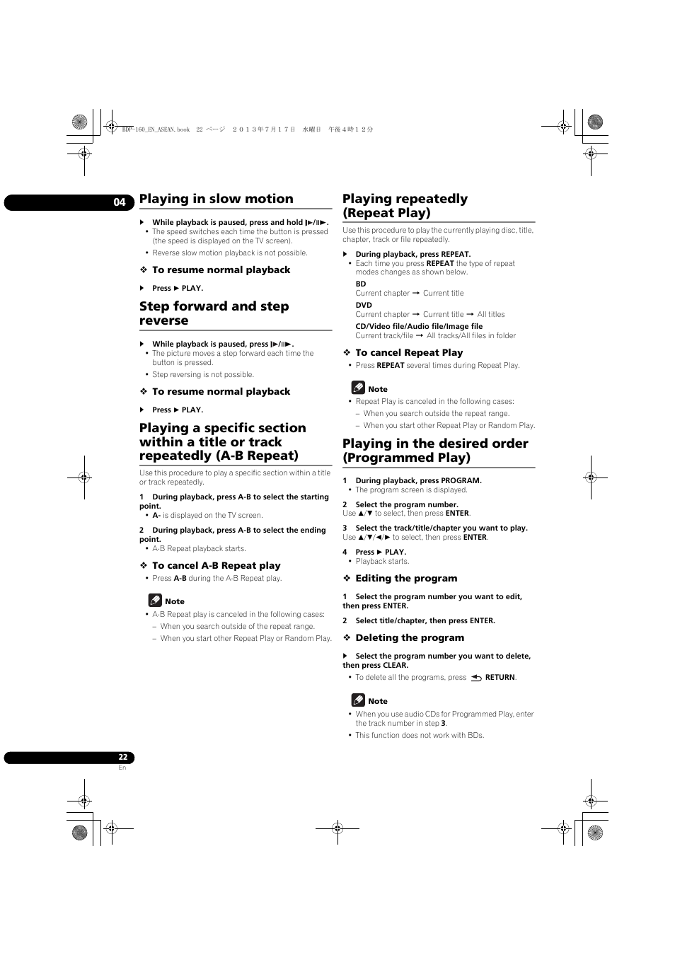 Playing in slow motion, Step forward and step reverse, A-b repeat) | Playing repeatedly (repeat play), Playing in the desired order (programmed play) | Pioneer BDP-160-K User Manual | Page 22 / 60