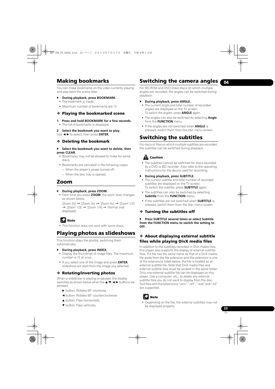 Making bookmarks, Zoom, Playing photos as slideshows | Switching the camera angles, Switching the subtitles | Pioneer BDP-160-K User Manual | Page 23 / 60