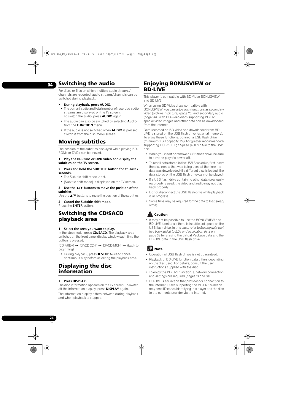Switching the audio, Moving subtitles, Switching the cd/sacd playback area | Displaying the disc information, Enjoying bonusview or bd-live | Pioneer BDP-160-K User Manual | Page 24 / 60