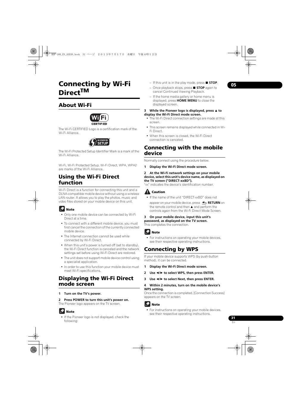 Connecting by wi-fi direct, About wi-fi, Using the wi-fi direct function | Displaying the wi-fi direct mode screen, Connecting with the mobile device, Connecting by wps, Tm about wi-fi | Pioneer BDP-160-K User Manual | Page 31 / 60