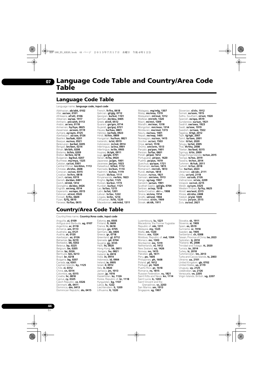 Language code table and country/area code table, Language code table, Country/area code table | Pioneer BDP-160-K User Manual | Page 44 / 60
