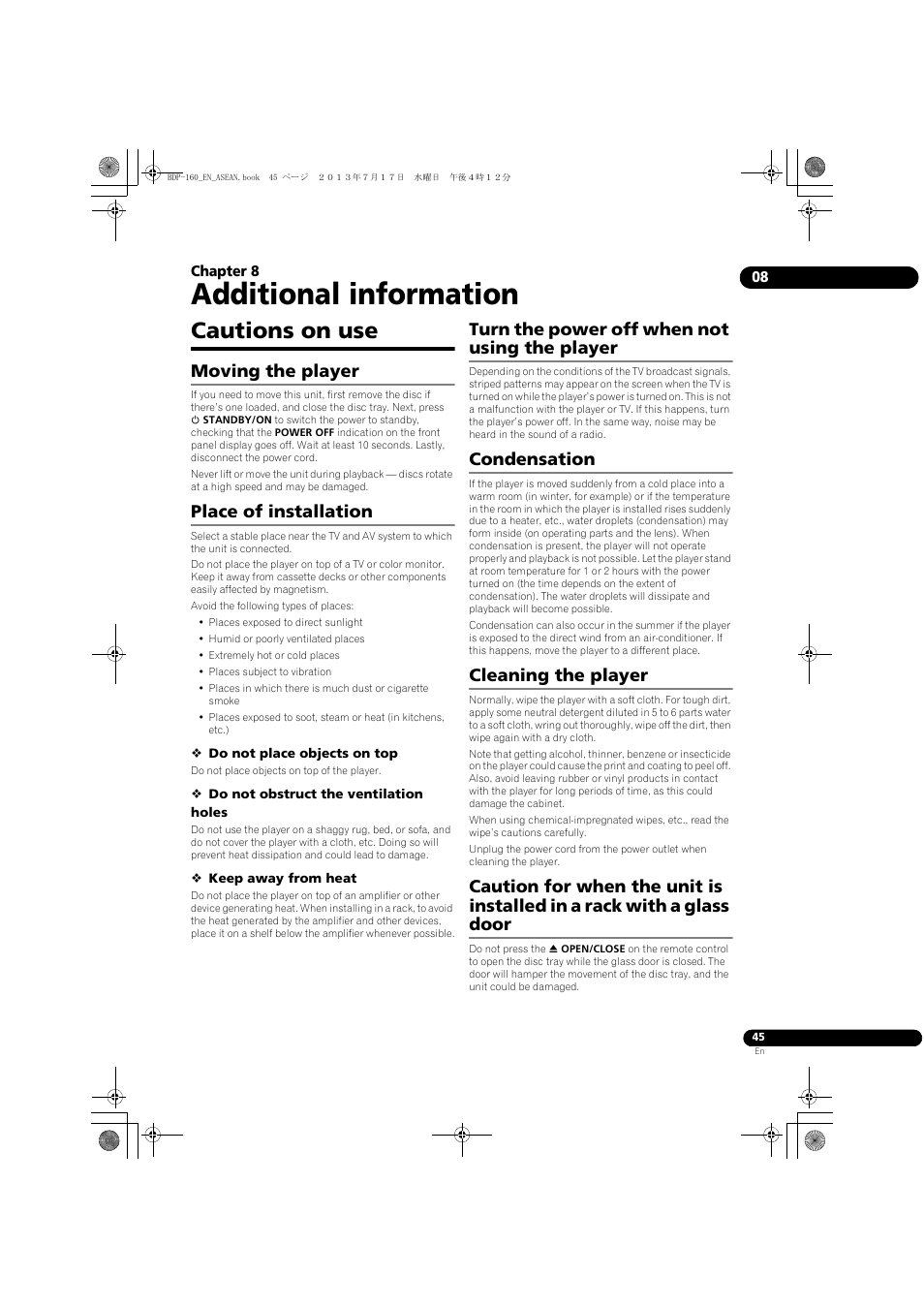 08 additional information, Cautions on use, Moving the player | Place of installation, Turn the power off when not using the player, Condensation, Cleaning the player, Door, Additional information | Pioneer BDP-160-K User Manual | Page 45 / 60