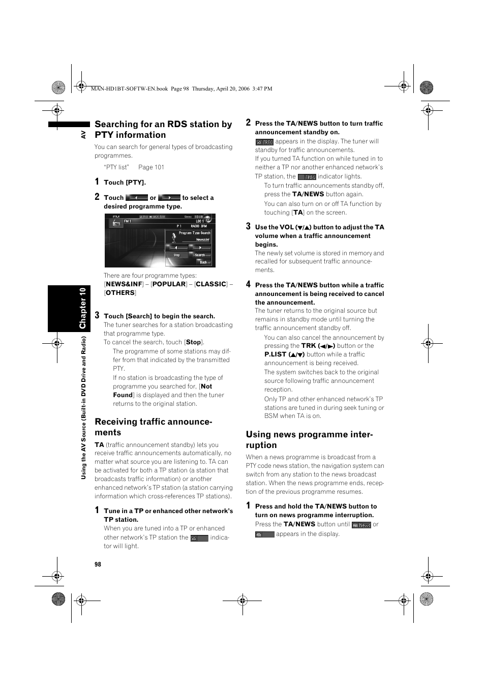 Searching for an rds station by pty information, Receiving traffic announce- ments, Using news programme inter- ruption | Pioneer AVIC-HD1BT User Manual | Page 100 / 192