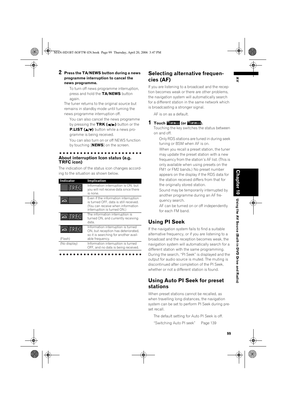 Selecting alternative frequen- cies (af), Using pi seek, Using auto pi seek for preset stations | Pioneer AVIC-HD1BT User Manual | Page 101 / 192