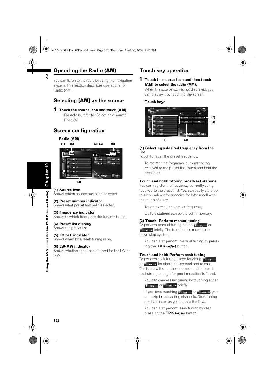 Operating the radio (am), Selecting [am] as the source, Screen configuration | Touch key operation | Pioneer AVIC-HD1BT User Manual | Page 104 / 192