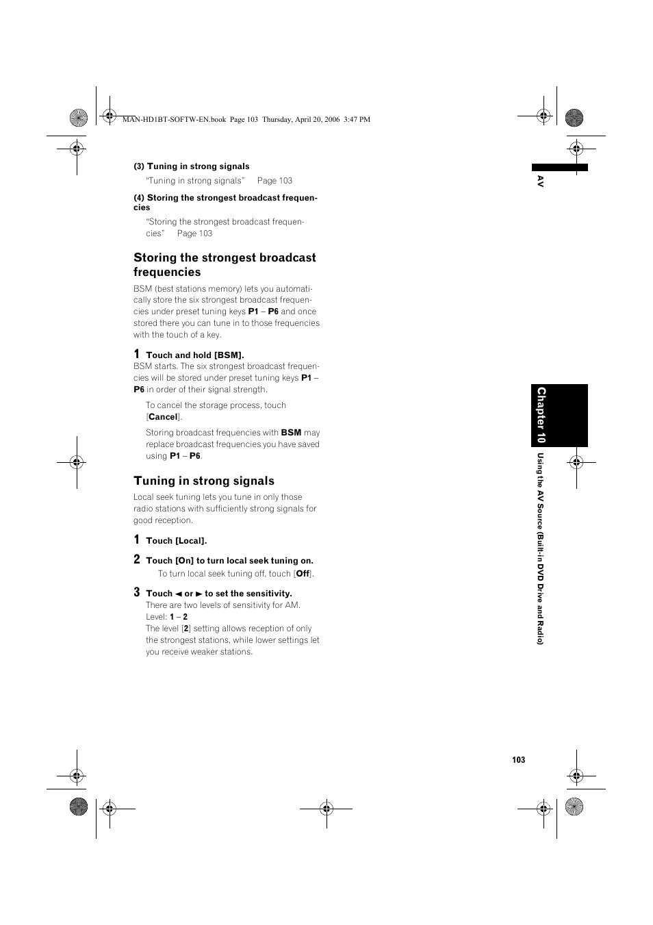 Storing the strongest broadcast frequencies, Tuning in strong signals | Pioneer AVIC-HD1BT User Manual | Page 105 / 192