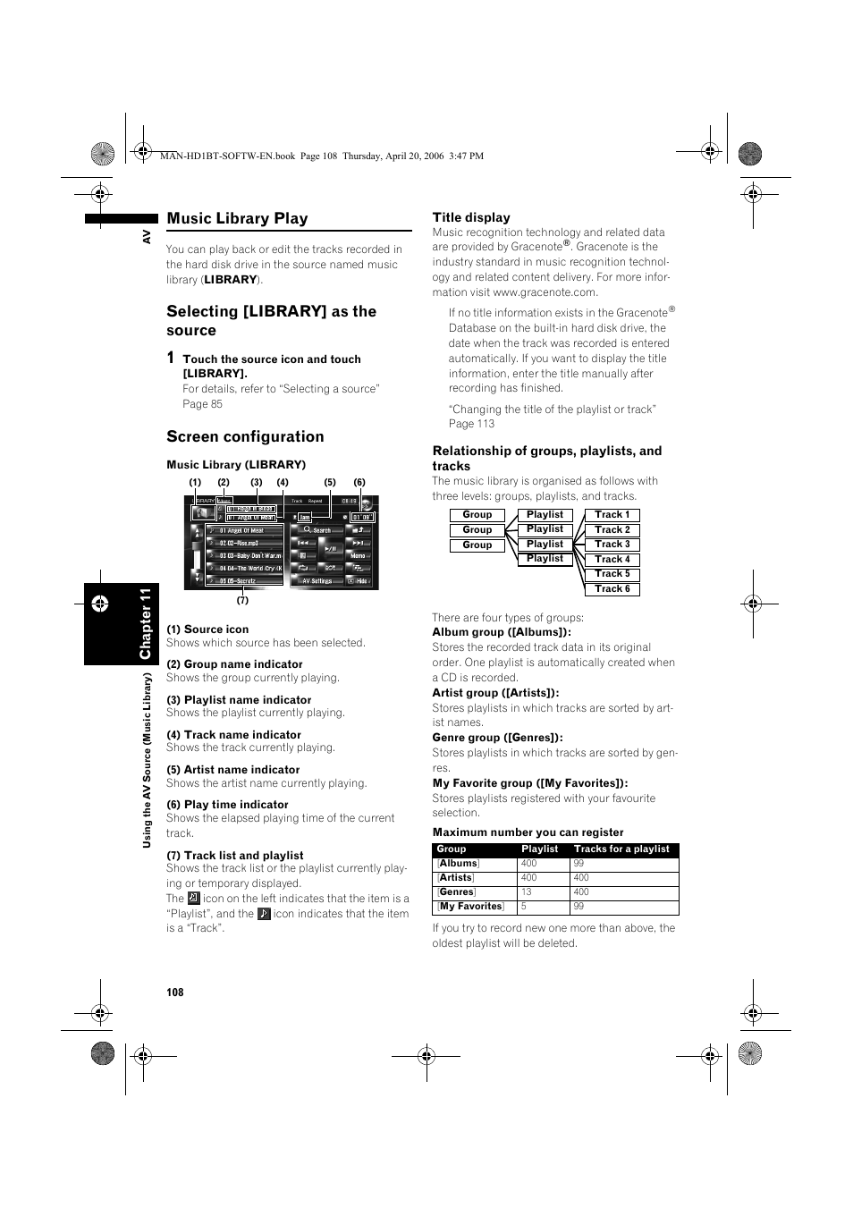 Music library play, Selecting [library] as the source, Screen configuration | Pioneer AVIC-HD1BT User Manual | Page 110 / 192