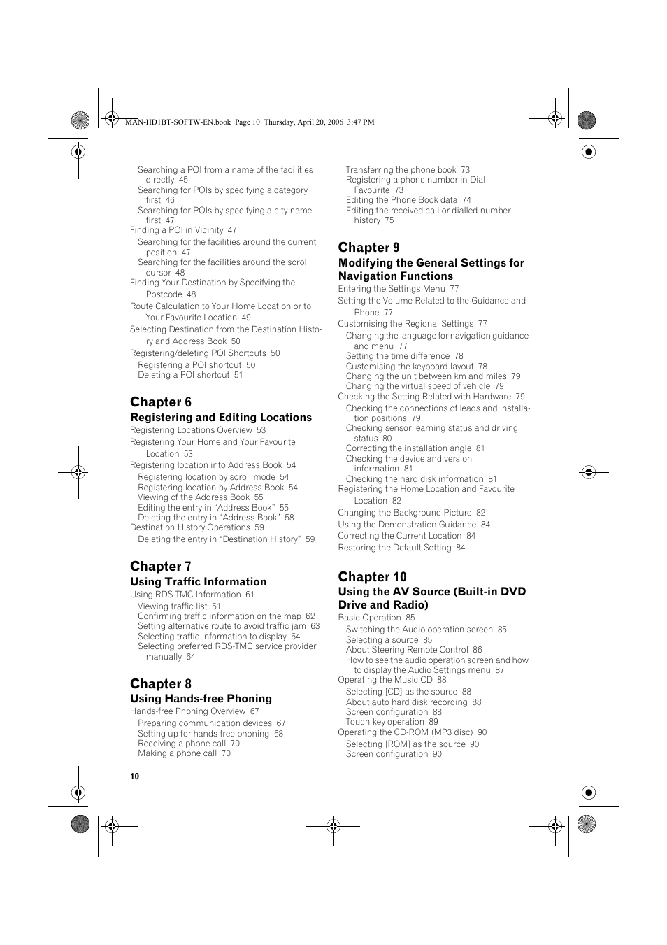 Chapter 6, Chapter 7, Chapter 8 | Chapter 9, Chapter 10 | Pioneer AVIC-HD1BT User Manual | Page 12 / 192