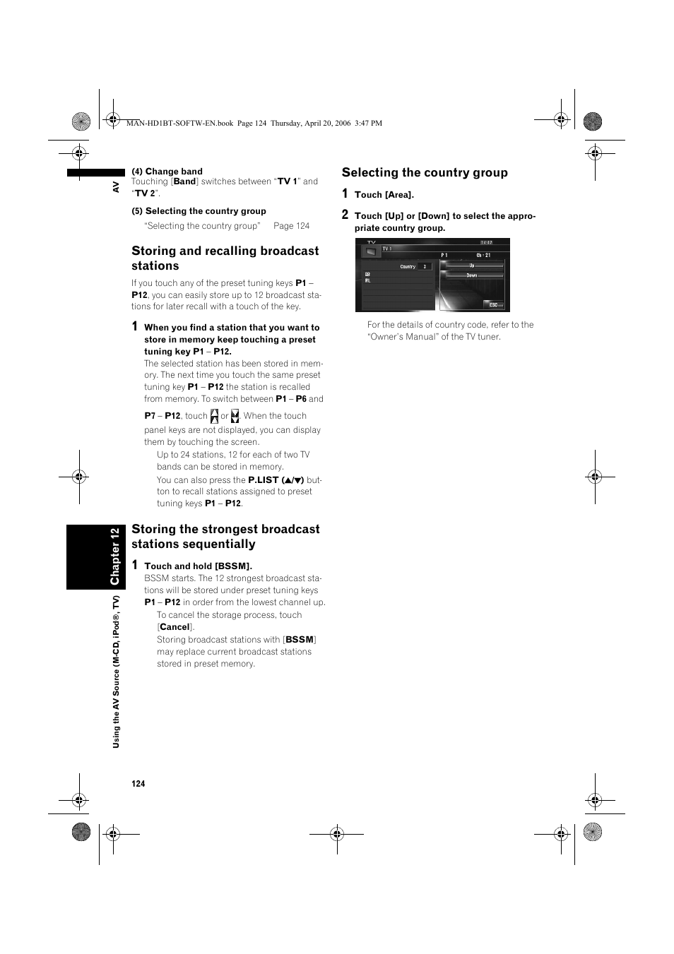 Storing and recalling broadcast stations, Selecting the country group | Pioneer AVIC-HD1BT User Manual | Page 126 / 192