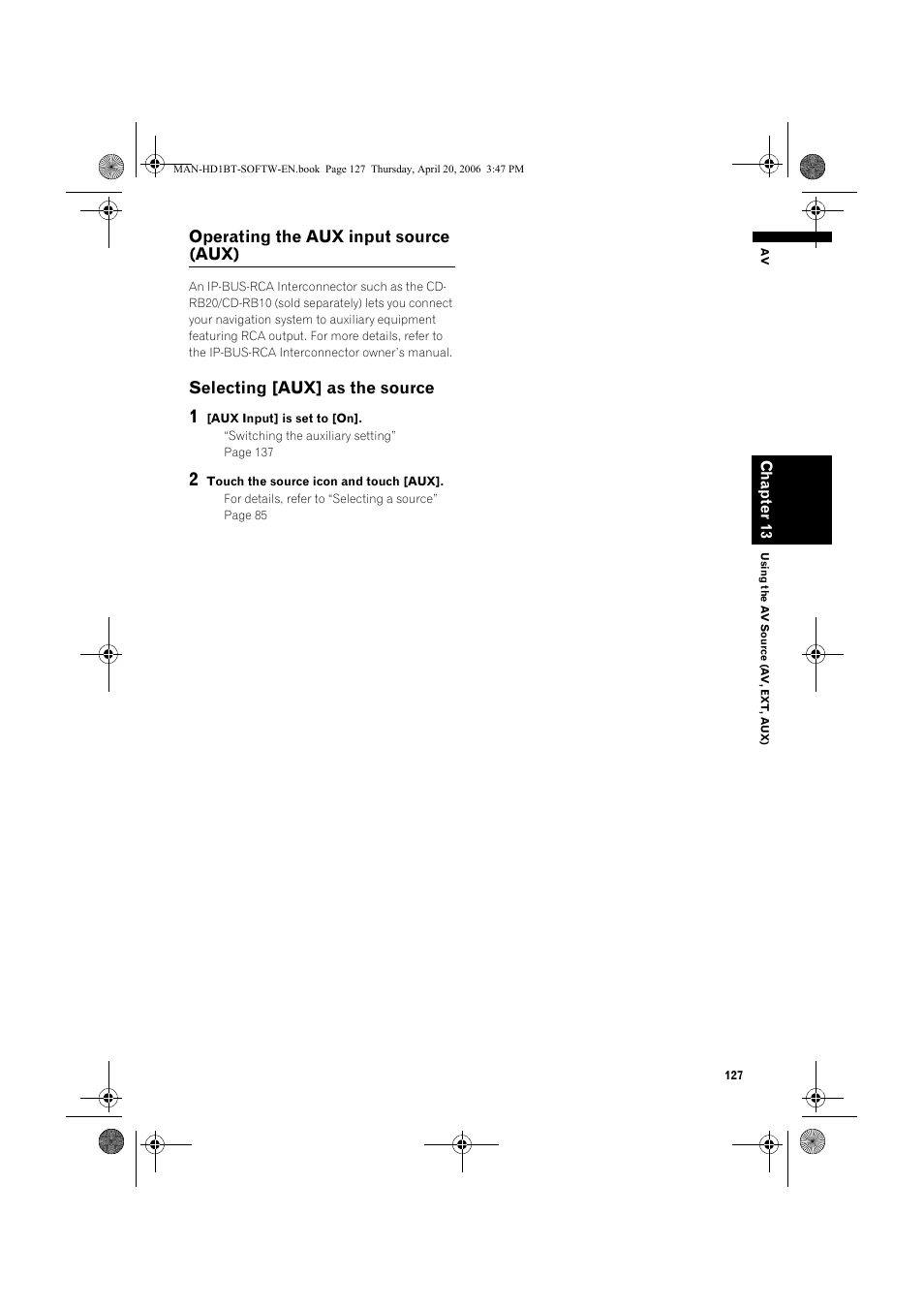Operating the aux input source (aux), Selecting [aux] as the source | Pioneer AVIC-HD1BT User Manual | Page 129 / 192