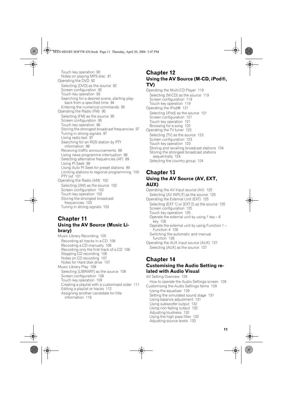 Chapter 11, Chapter 12, Chapter 13 | Chapter 14 | Pioneer AVIC-HD1BT User Manual | Page 13 / 192