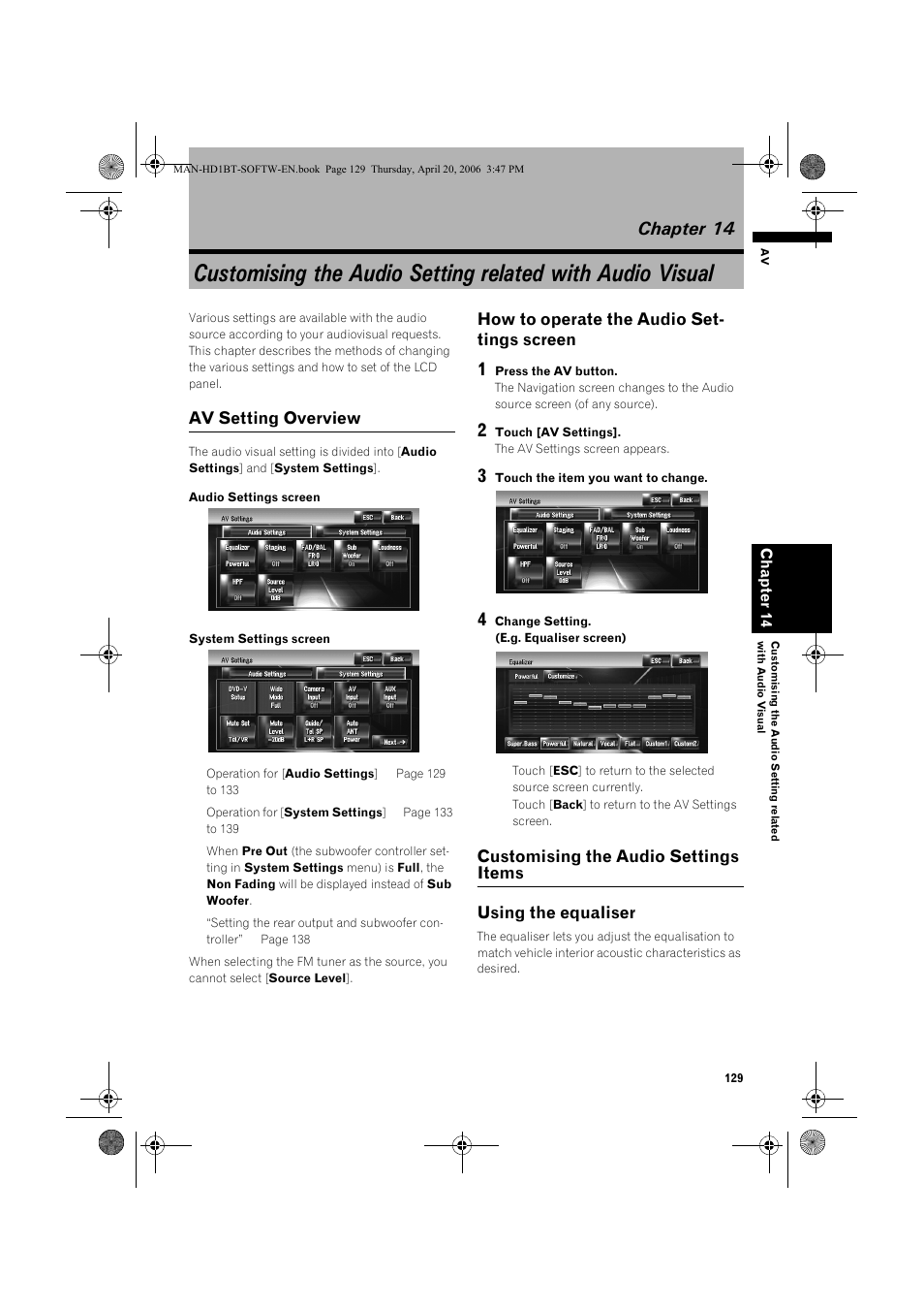 Chapter 14, Av setting overview, How to operate the audio set- tings screen | Pioneer AVIC-HD1BT User Manual | Page 131 / 192