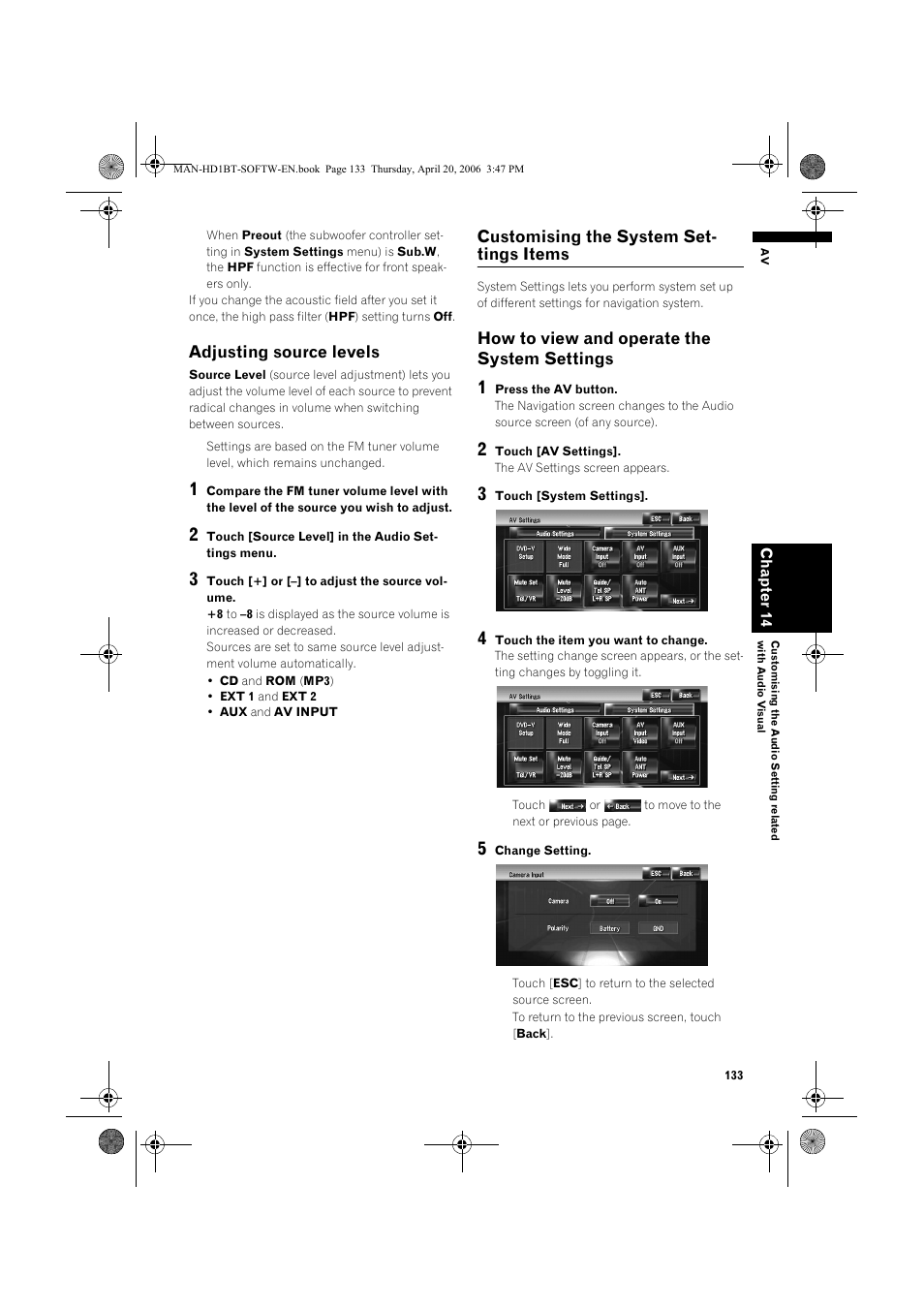 Adjusting source levels, Customising the system set- tings items, How to view and operate the system settings | Pioneer AVIC-HD1BT User Manual | Page 135 / 192