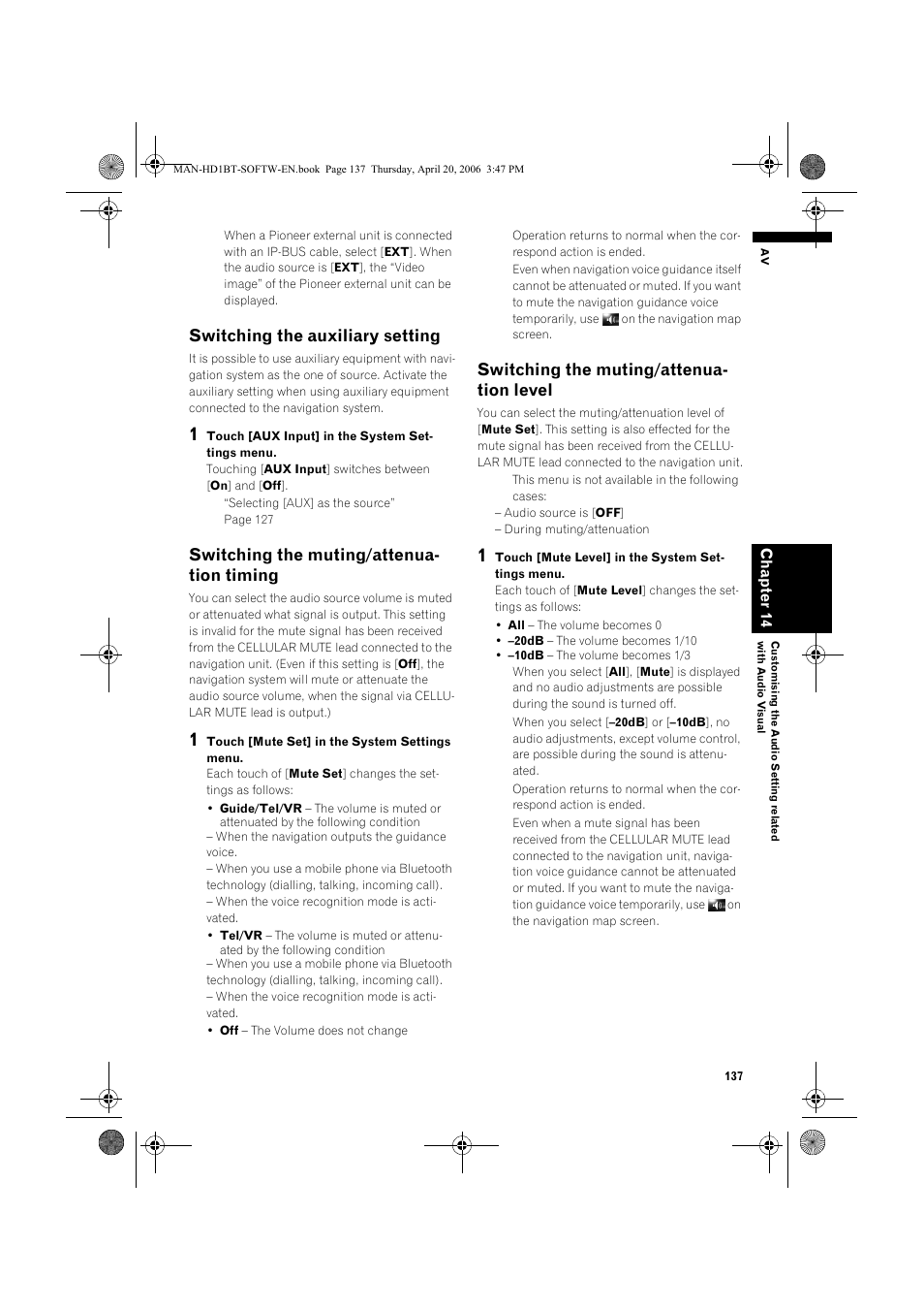 Switching the auxiliary setting, Switching the muting/attenua- tion timing, Switching the muting/attenua- tion level | Pioneer AVIC-HD1BT User Manual | Page 139 / 192