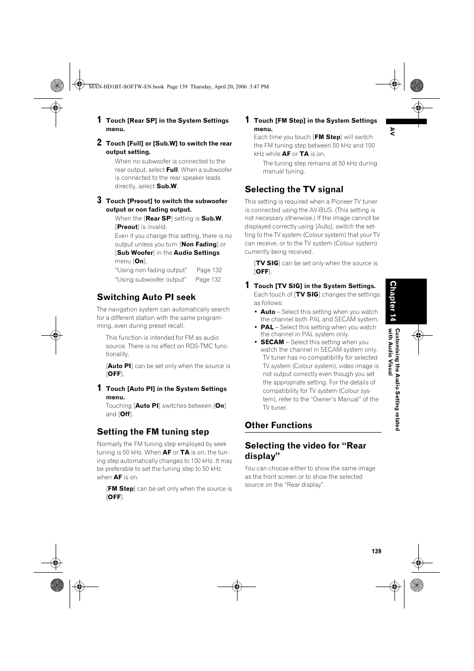 Switching auto pi seek, Setting the fm tuning step, Selecting the tv signal | Pioneer AVIC-HD1BT User Manual | Page 141 / 192