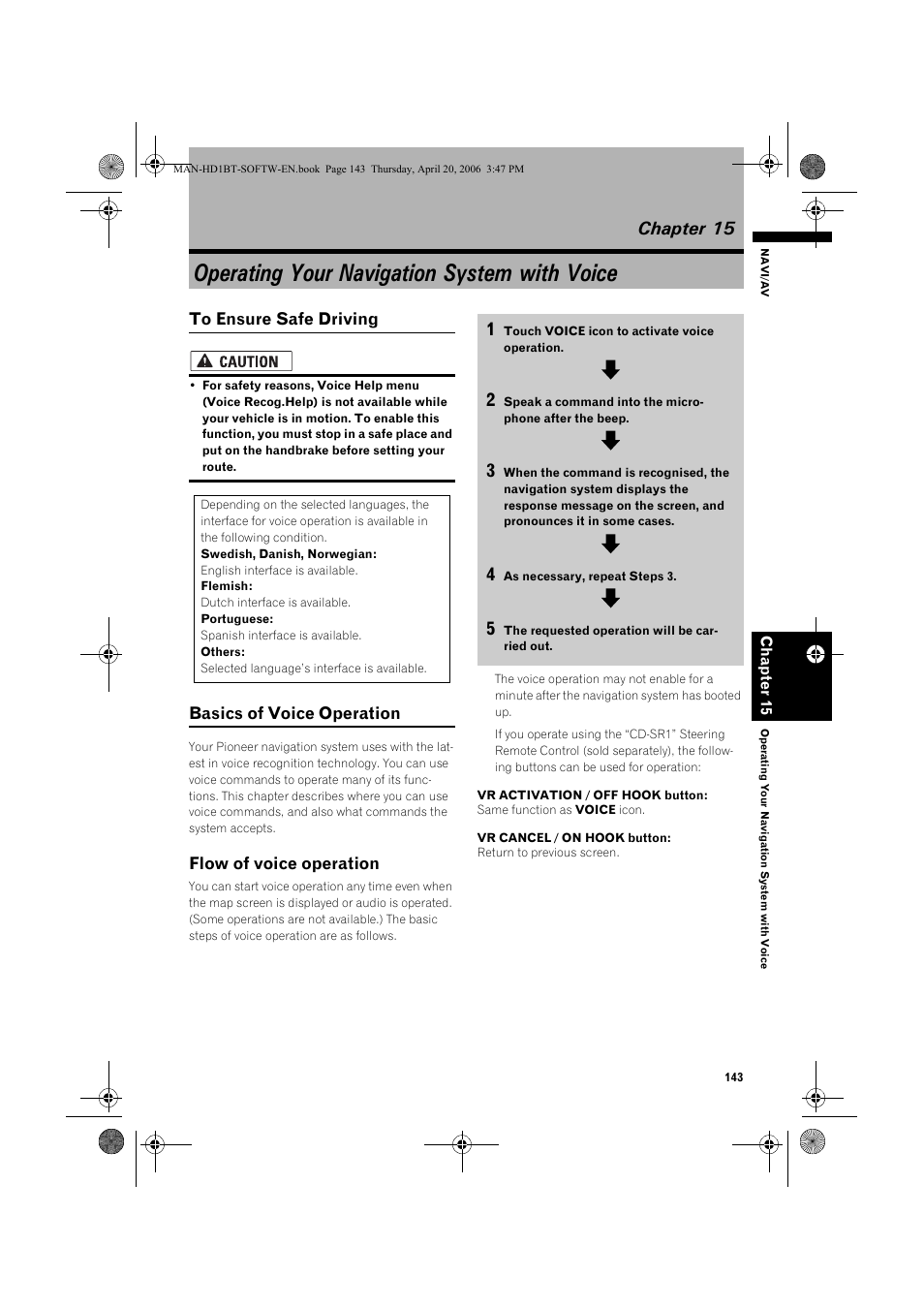 Operating your navigation system with voice, Chapter 15, Basics of voice operation | Flow of voice operation | Pioneer AVIC-HD1BT User Manual | Page 145 / 192