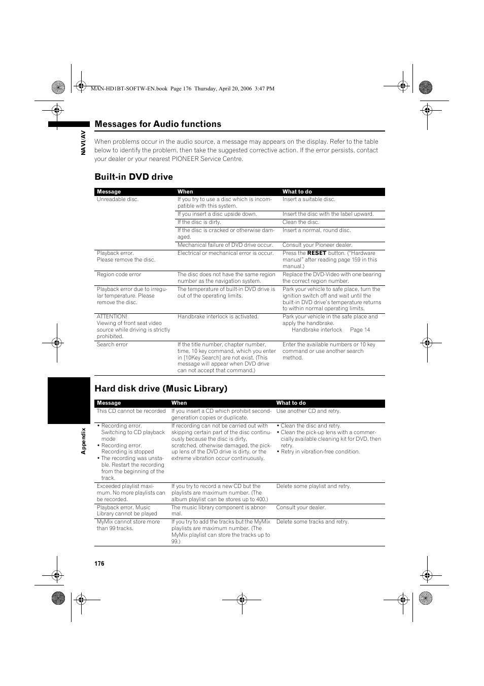 Messages for audio functions, Built-in dvd drive hard disk drive (music library) | Pioneer AVIC-HD1BT User Manual | Page 178 / 192