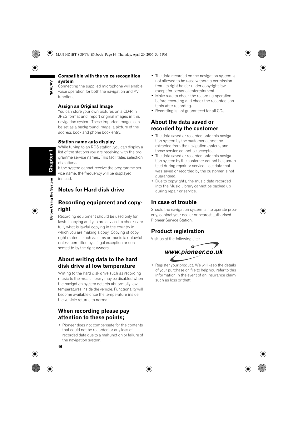 About the data saved or recorded by the customer, Product registration | Pioneer AVIC-HD1BT User Manual | Page 18 / 192