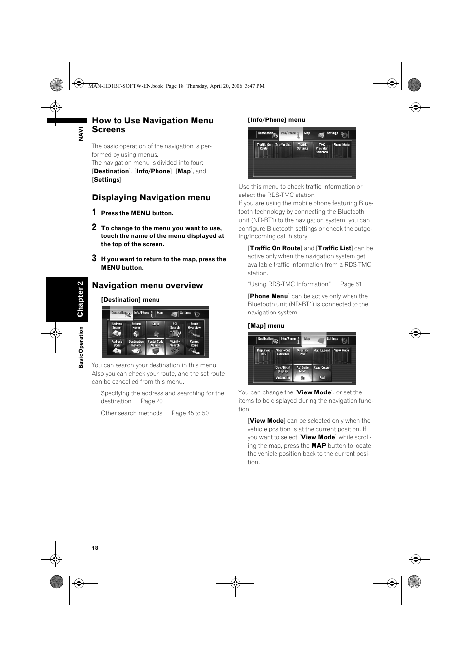 How to use navigation menu screens, Displaying navigation menu, Navigation menu overview | Pioneer AVIC-HD1BT User Manual | Page 20 / 192