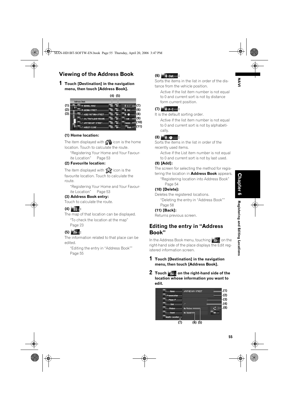 Viewing of the address book, Editing the entry in “address book | Pioneer AVIC-HD1BT User Manual | Page 57 / 192