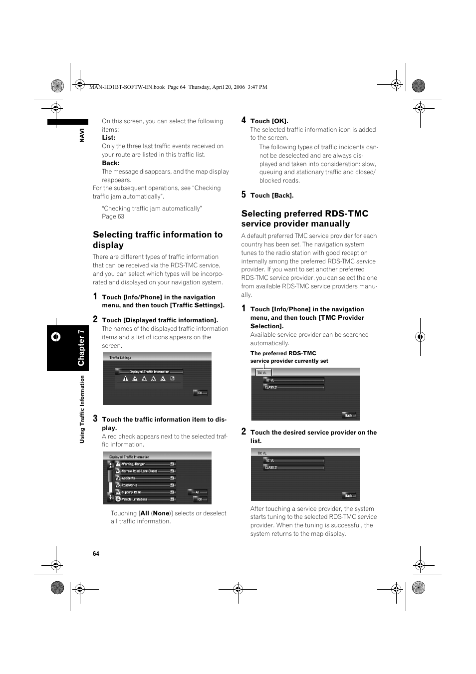 Selecting traffic information to display | Pioneer AVIC-HD1BT User Manual | Page 66 / 192