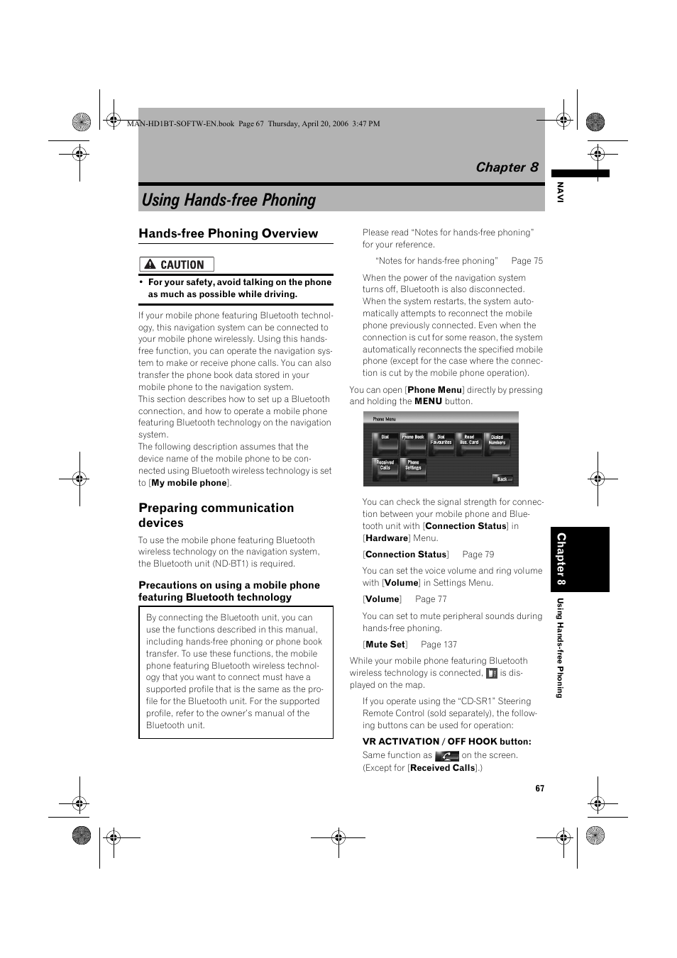 Using hands-free phoning, Chapter 8, Hands-free phoning overview | Preparing communication devices | Pioneer AVIC-HD1BT User Manual | Page 69 / 192