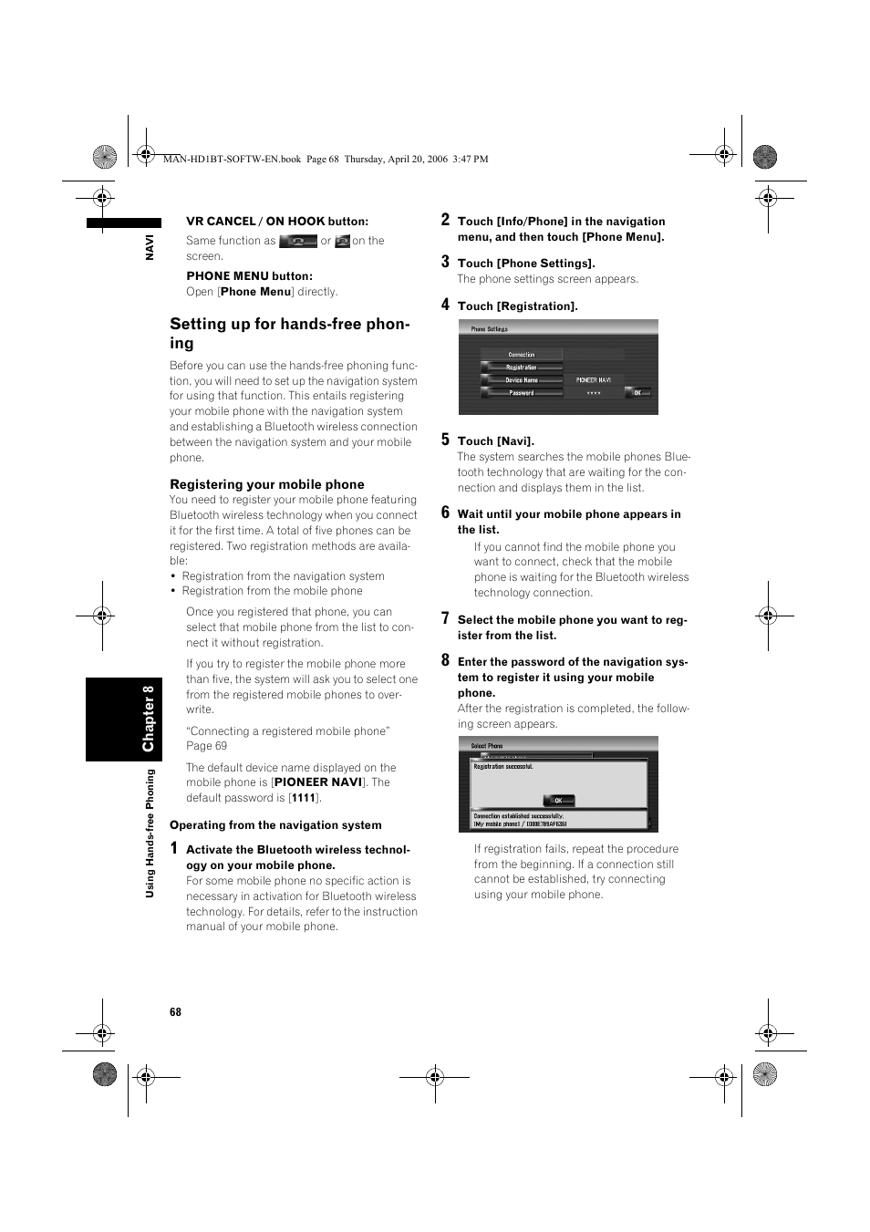 Setting up for hands-free phon- ing | Pioneer AVIC-HD1BT User Manual | Page 70 / 192