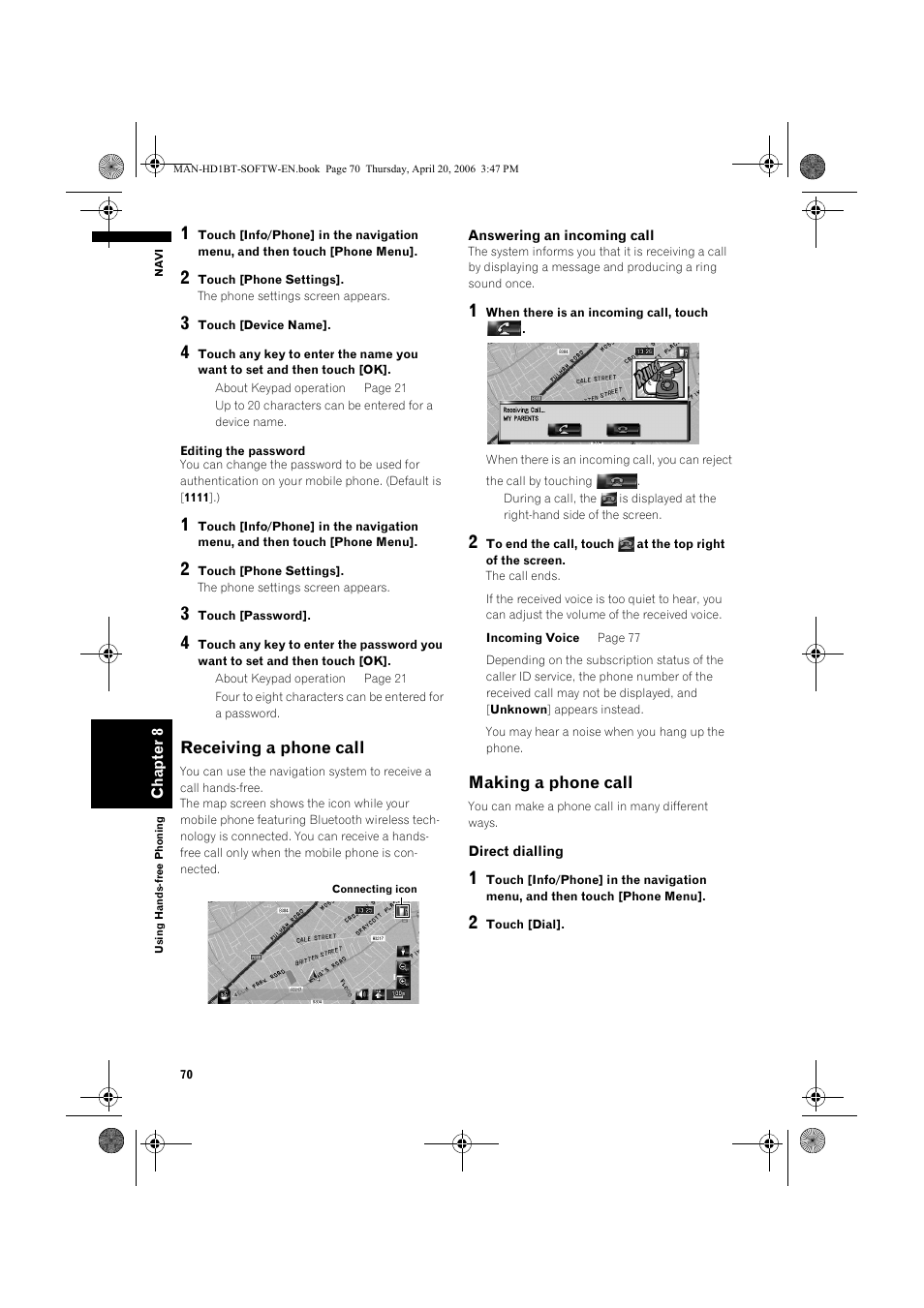 Receiving a phone call, Making a phone call | Pioneer AVIC-HD1BT User Manual | Page 72 / 192