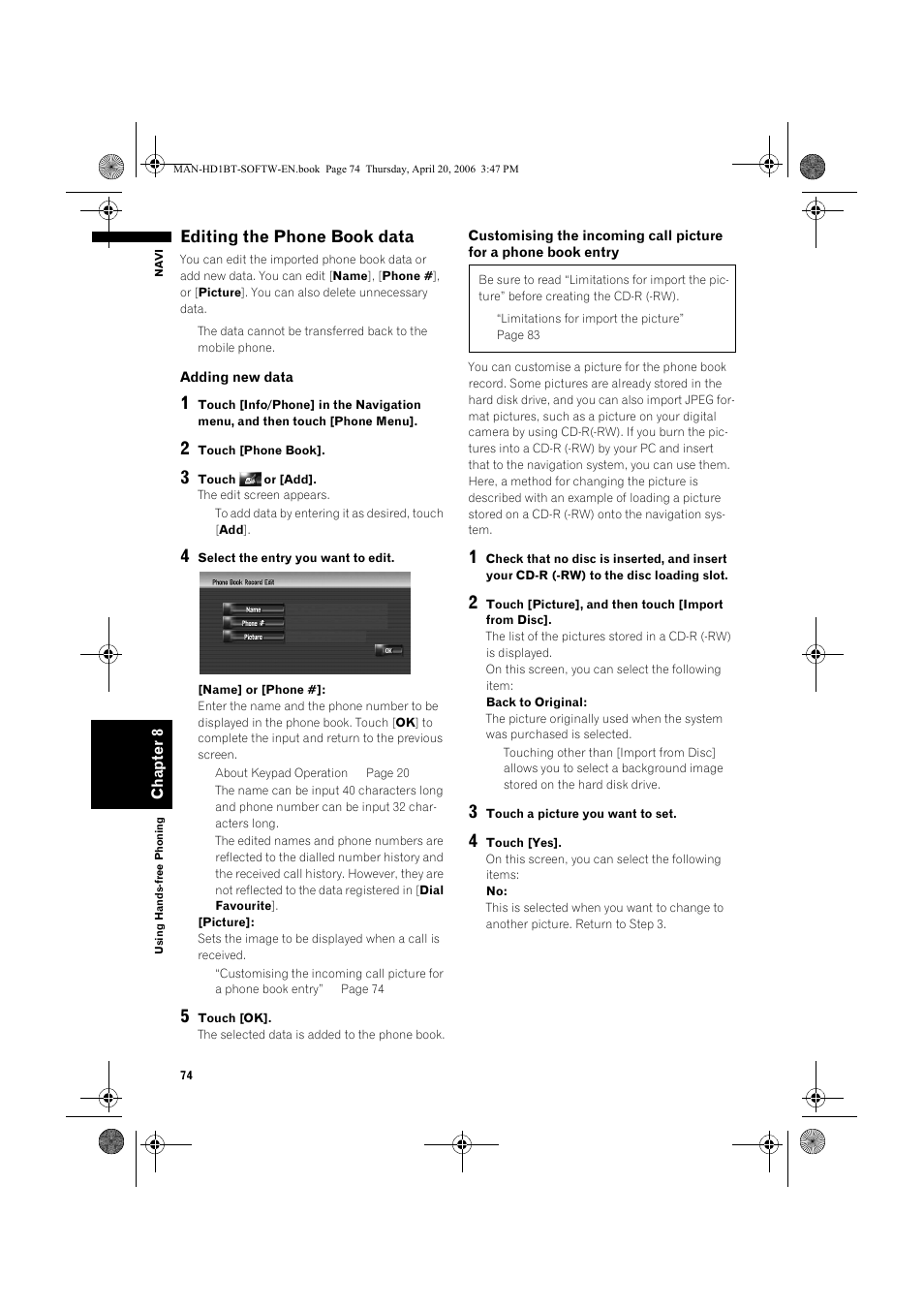 Editing the phone book data | Pioneer AVIC-HD1BT User Manual | Page 76 / 192