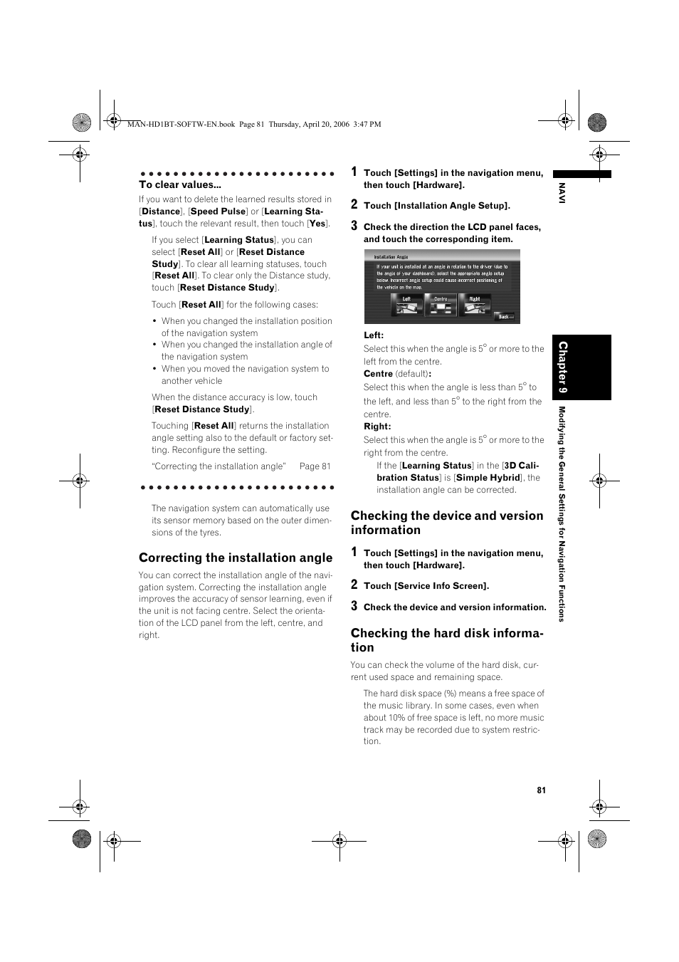 Correcting the installation angle, Checking the device and version information, Checking the hard disk informa- tion | Pioneer AVIC-HD1BT User Manual | Page 83 / 192