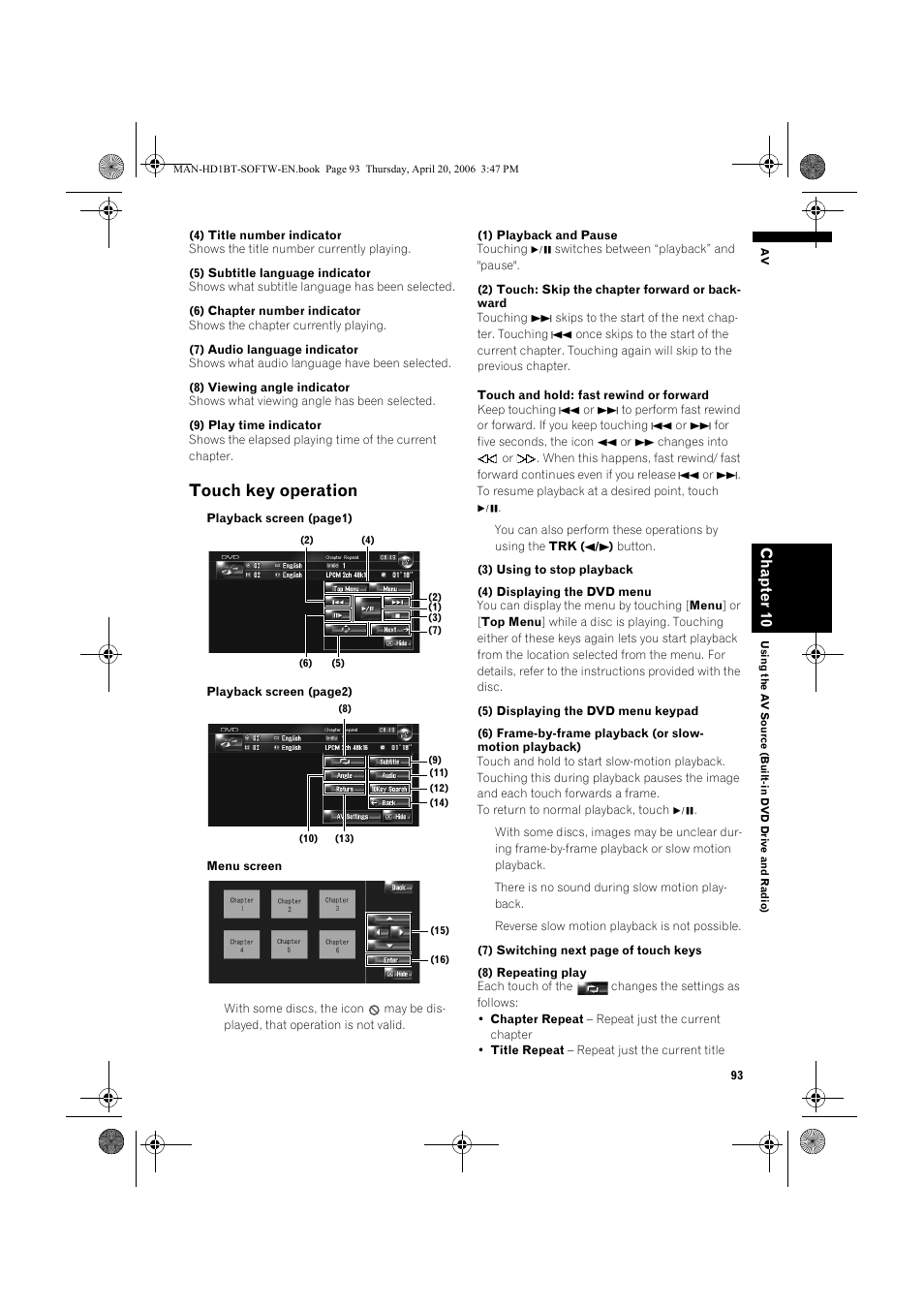 Touch key operation | Pioneer AVIC-HD1BT User Manual | Page 95 / 192