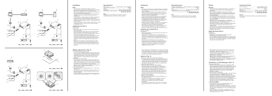 Einbau, Technische daten, Vornehmen von einstellungen (abb. 5) | Instalación, Especificaciones, Ajustes (fig. 5), Making adjustments (fig. 5), Installation, Specifications | Pioneer CD-V61FM User Manual | Page 2 / 4
