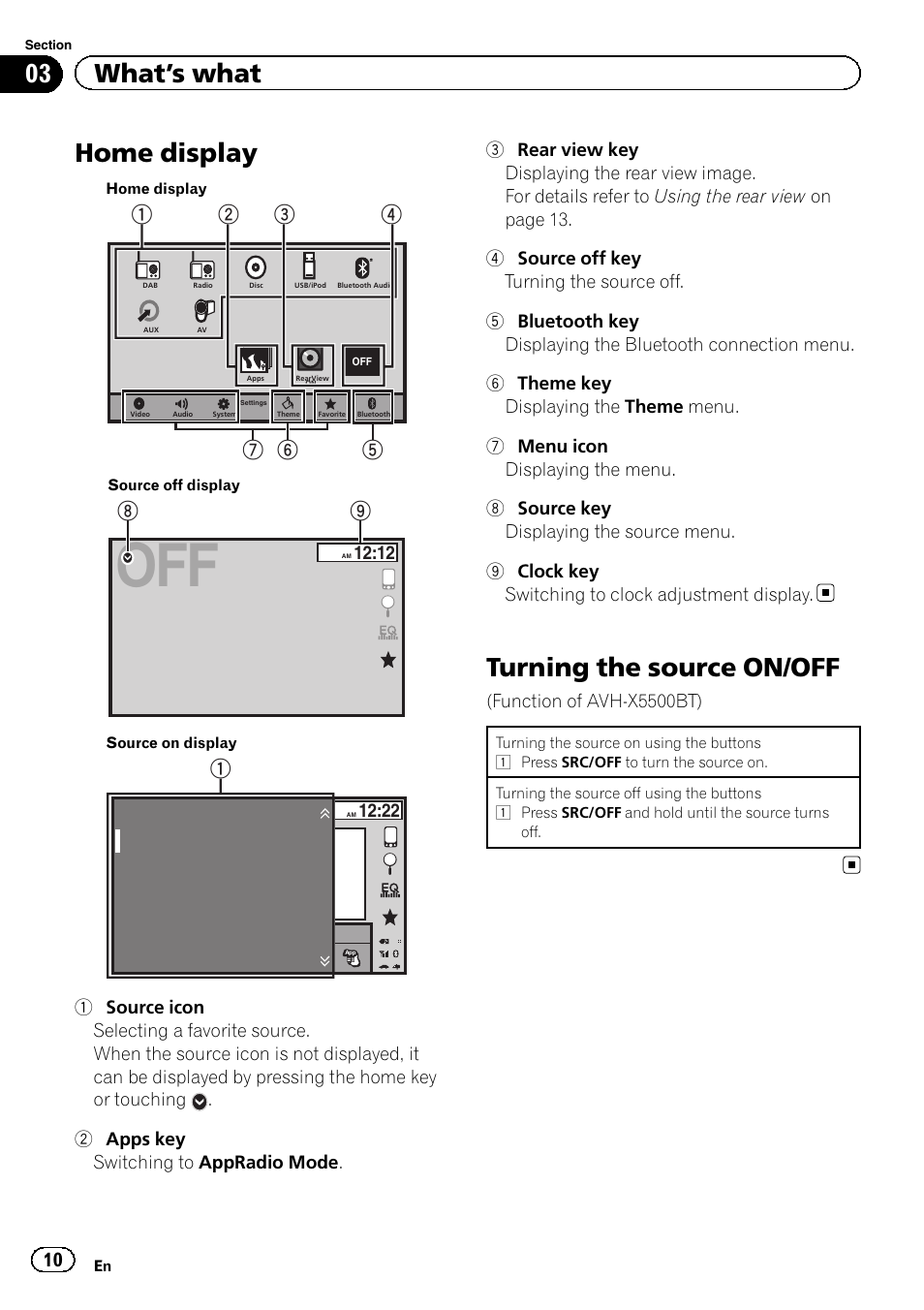 Home display, Turning the source on/off, Dab radio disc ipod bluetooth audio aux | 03 what ’s what | Pioneer AVH-X2500BT User Manual | Page 10 / 96
