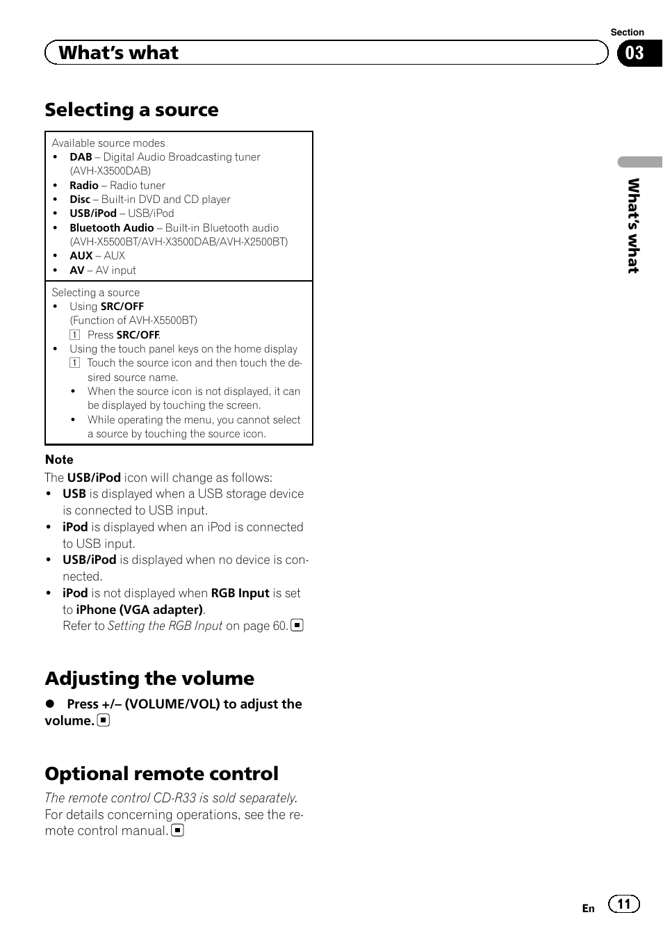 Selecting a source, Adjusting the volume, Optional remote control | What ’s what | Pioneer AVH-X2500BT User Manual | Page 11 / 96