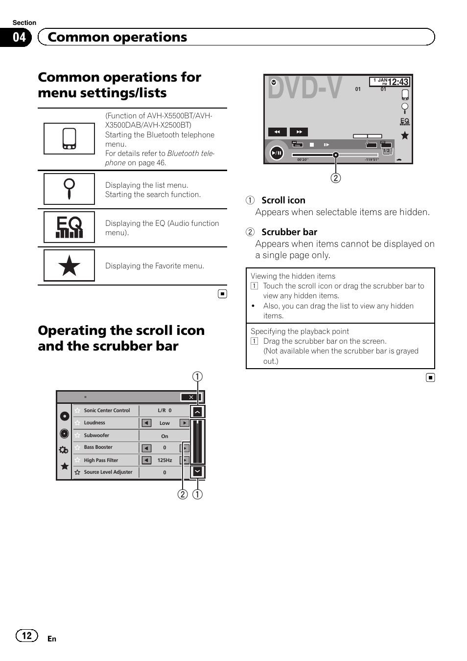 Lists, Operating the scroll icon and the scrubber, Dvd-v | Common operations for menu settings/lists, Operating the scroll icon and the scrubber bar, 04 common operations | Pioneer AVH-X2500BT User Manual | Page 12 / 96