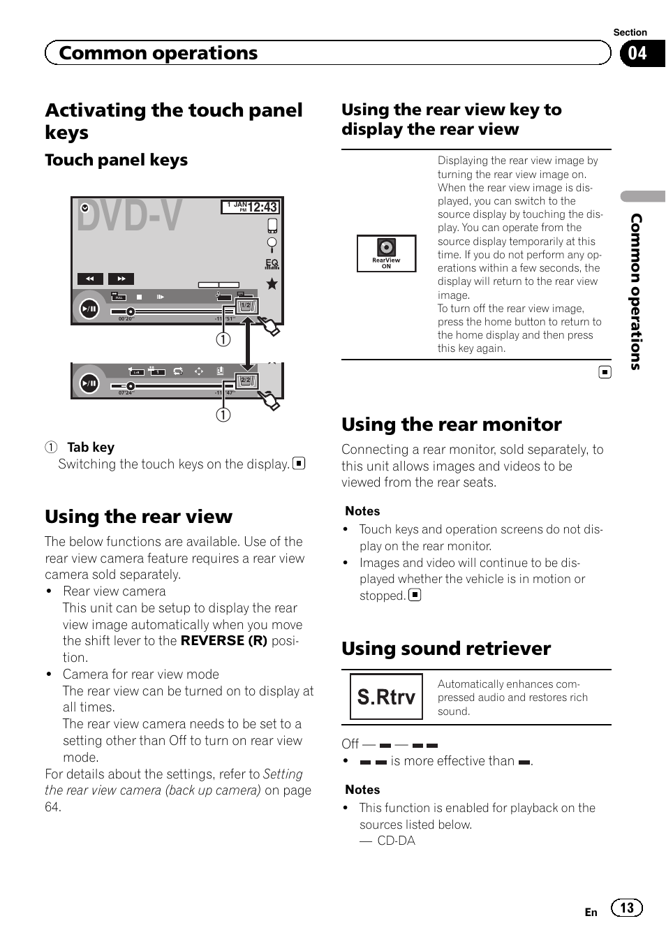 Activating the touch panel keys, Using the rear view, Using the rear monitor | Using sound retriever, Dvd-v, Touch panel keys, Using the rear view key to display the rear view, Common operations | Pioneer AVH-X2500BT User Manual | Page 13 / 96